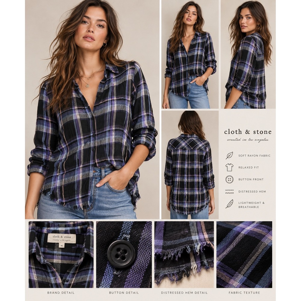Cloth & Stone Purple Blue Plaid Distressed Hem Rayon Button Down Shirt M C2279